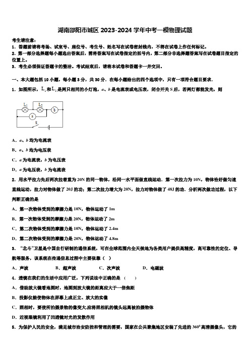 湖南邵阳市城区2023-2024学年中考一模物理试题含解析