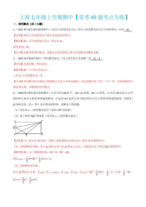 上海七年级上学期期中-七年级数学上学期期中期末考点(沪教版)(解析版)