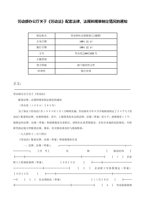 劳动部办公厅关于《劳动法》配套法律、法规和规章制定情况的通知-劳办发[1994]385号