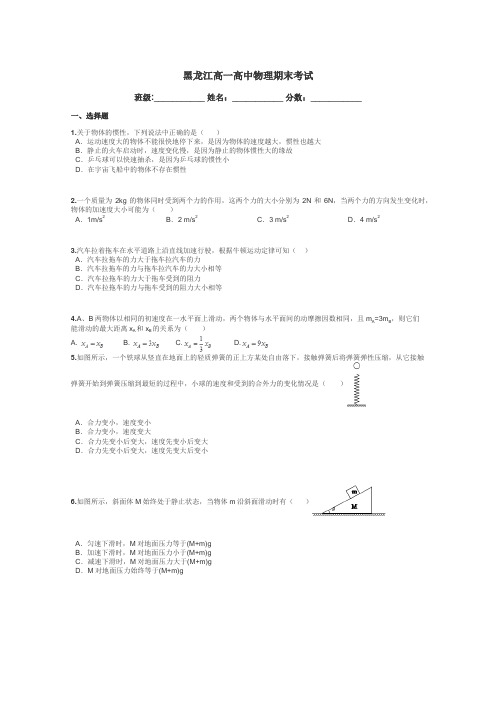 黑龙江高一高中物理期末考试带答案解析
