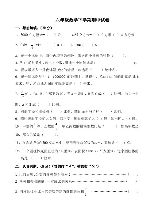 新版苏教版六年级下册数学期中试卷5套(2018新教材)