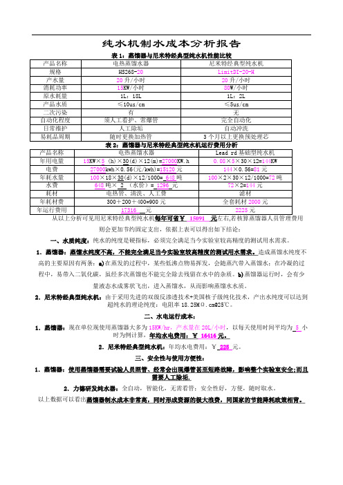 纯水机制水成本分析报告