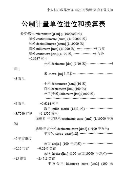 公制计量单位进位和换算表