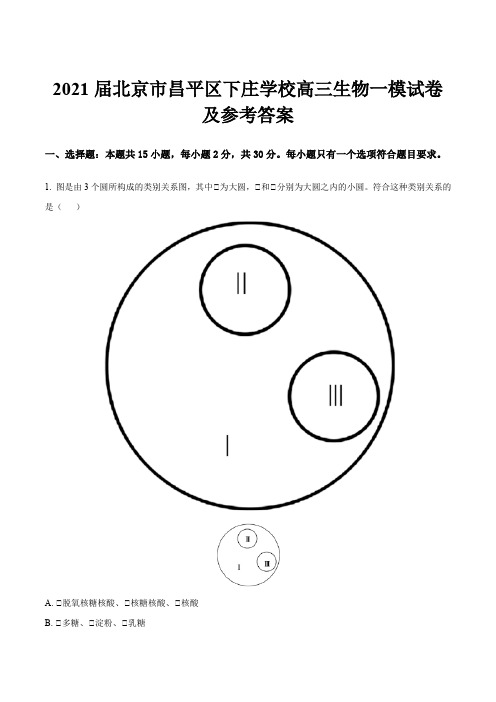 2021届北京市昌平区下庄学校高三生物一模试卷及参考答案