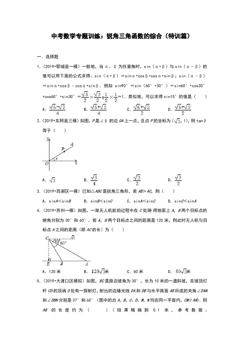 备考2019年中考数学专题专项突破训练：锐角三角函数的综合(特训篇)(附解析)