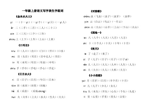 部编一年级上册语文写字表生字组词