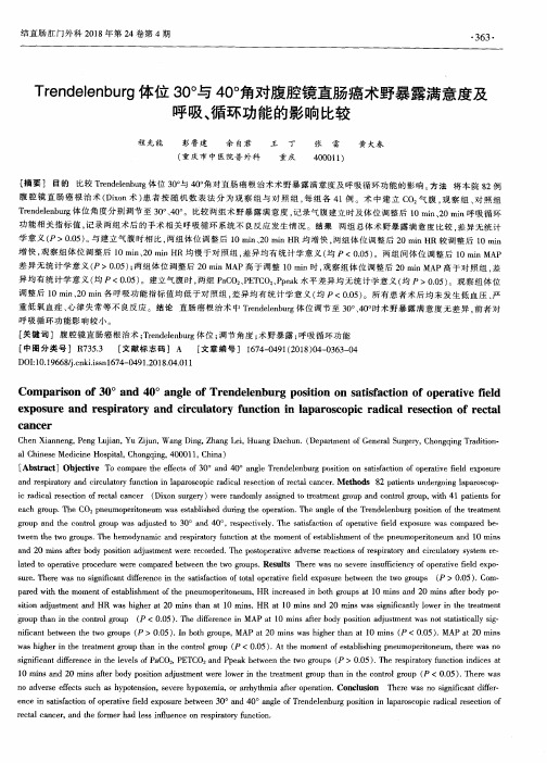 Trendelenburg体位30°与40°角对腹腔镜直肠癌术野暴露满意度及呼吸、循环功能的影响比较