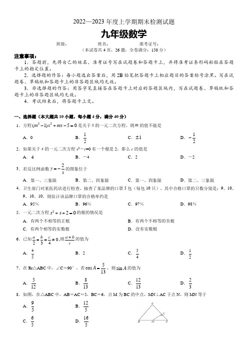 湖南省株洲市渌口区2022-2023学年九年级上学期期末考试数学试题(含答案)