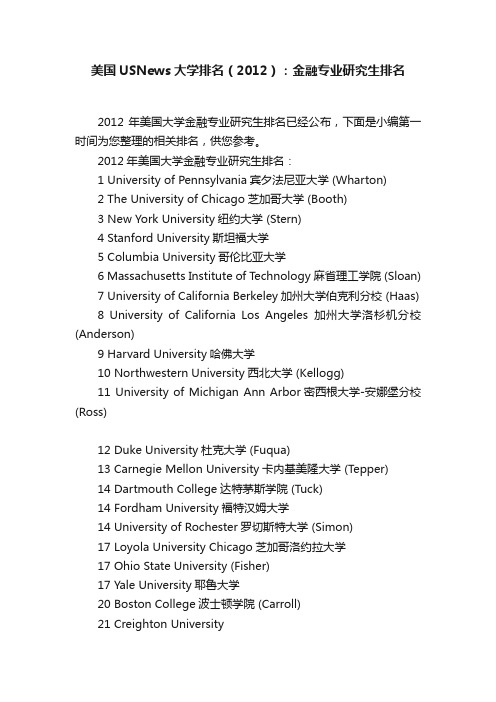 美国USNews大学排名（2012）：金融专业研究生排名