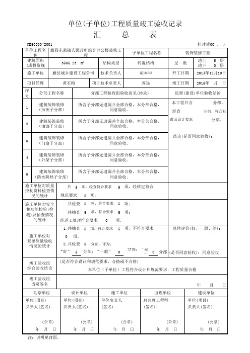 单位(子单位)工程质量竣工验收记录汇总表