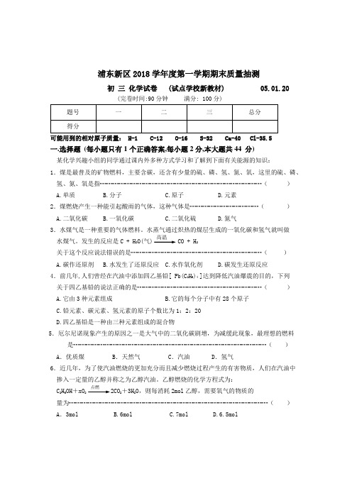 最新-浦东新区2018学年度第一学期期末质量抽测(新教材) 精品