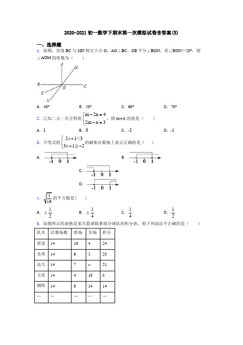 2020-2021初一数学下期末第一次模拟试卷含答案(5)