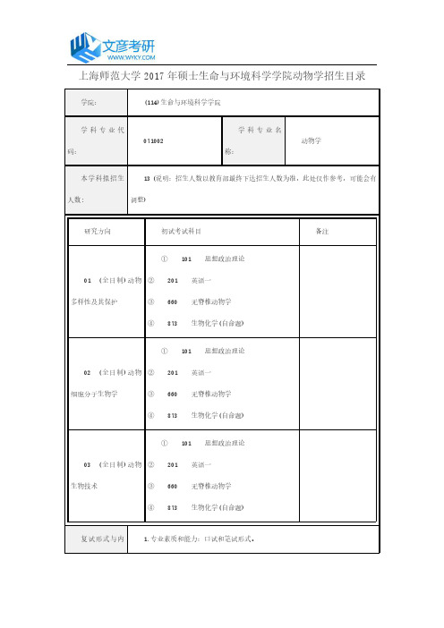 上海师范大学2017年硕士生命与环境科学学院动物学招生目录