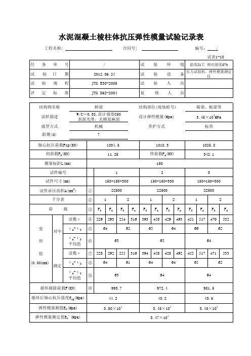 水泥混凝土棱柱体抗压弹性模量试验记录表