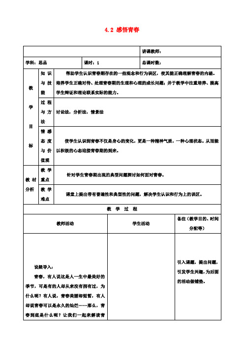 七年级政治上册 4.2 感悟青春教案 新人教版