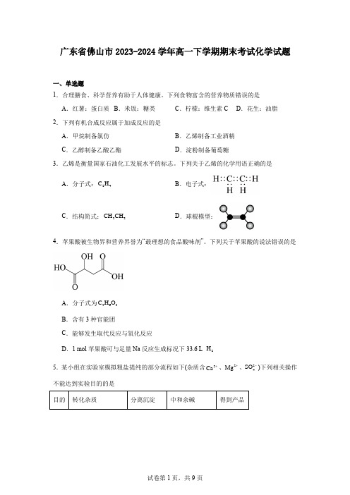 广东省佛山市2023-2024学年高一下学期期末考试化学试题