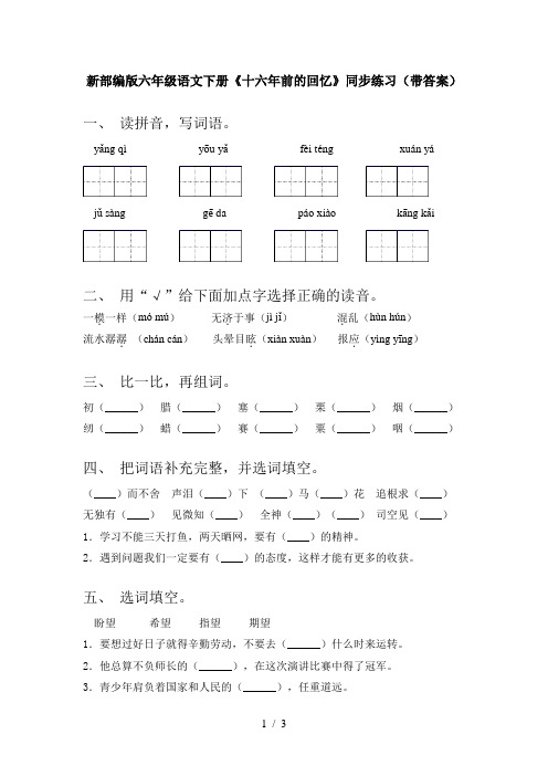 新部编版六年级语文下册《十六年前的回忆》同步练习(带答案)