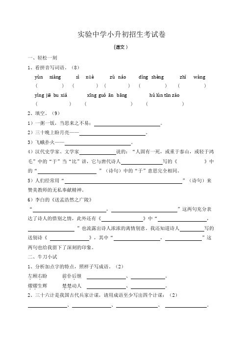 实验中学小升初招生考试语文试卷附答案