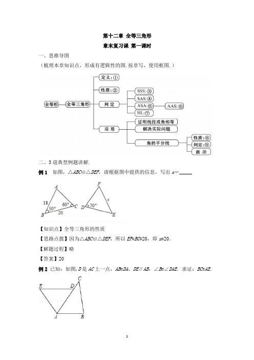 人教版八年级数学上学期 第十二章 《全等三角形》章末复习名师教案