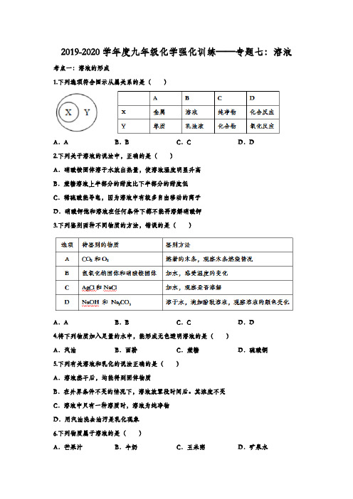 2019-2020学年度九年级化学强化训练——专题七：溶液