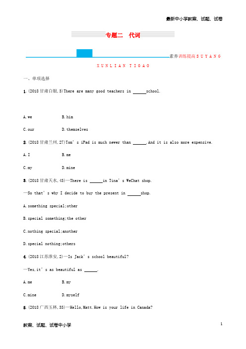 (甘肃地区)2019年中考英语复习 专题二 代词全练 新人教版