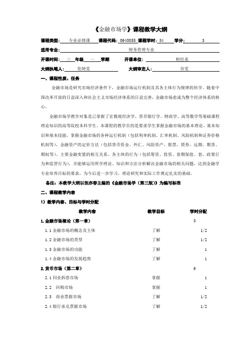 金融市场学财务管理教学大纲