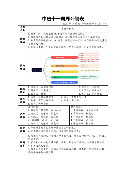 中班十一周周计划表