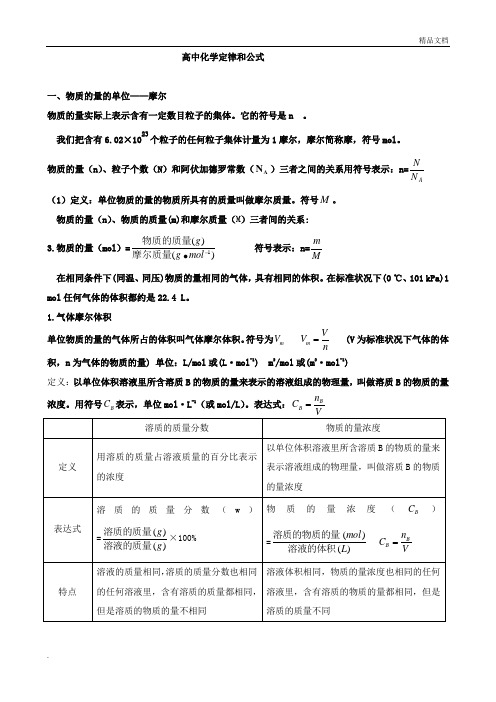 高中化学定律公式