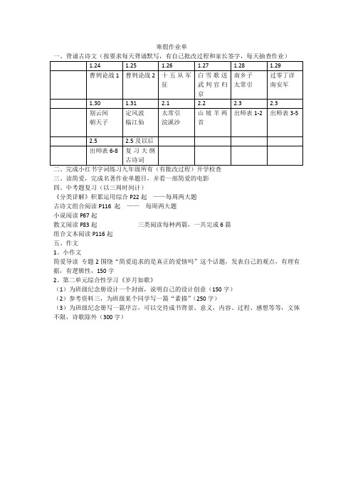 九年级语文寒假作业单