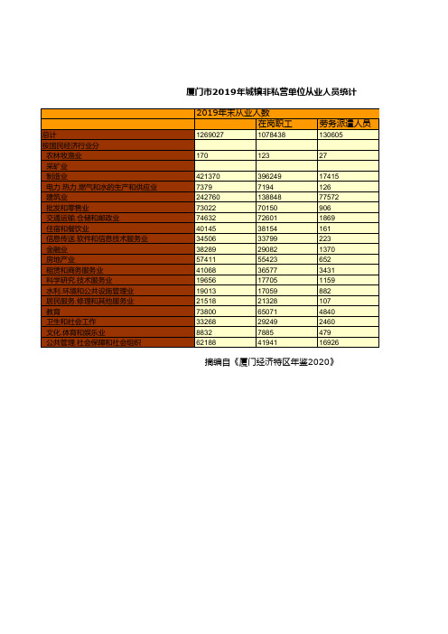 厦门市统计年鉴2020：2019年城镇非私营单位从业人员统计