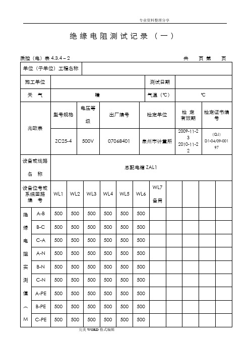 范例_绝缘电阻测试记录文本