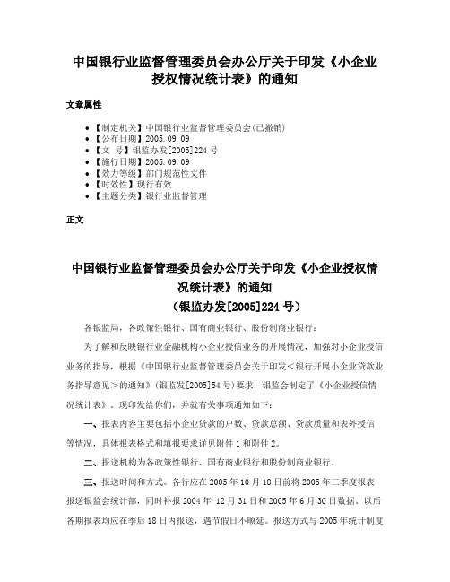 中国银行业监督管理委员会办公厅关于印发《小企业授权情况统计表》的通知