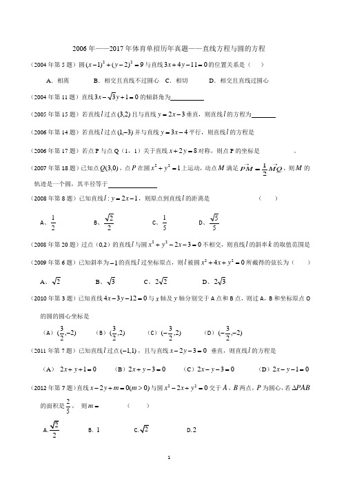 2006年至2017年体育单招直线方程与圆的方程历年真题