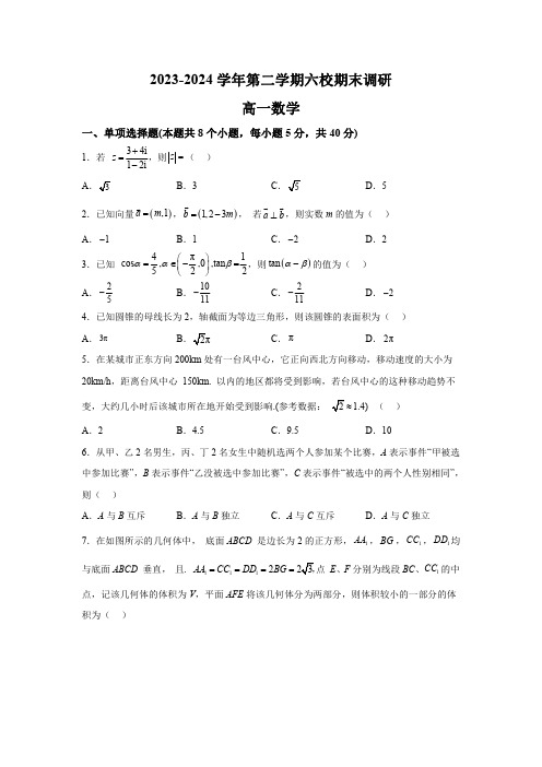 江苏省南京市六校联合体2023-2024学年高一下学期期末调研 数学试卷【含答案】