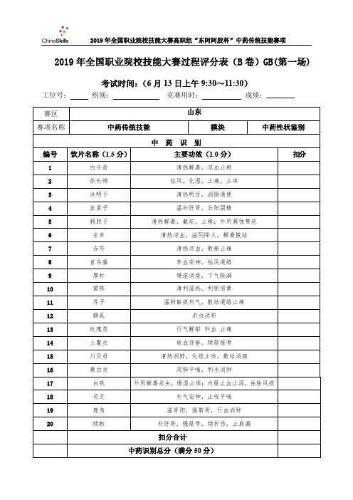 2019年全国职业院校技能大赛高职组中药传统技能赛卷及评分标准+真伪试题-B卷-第一场-GB-8套试题答