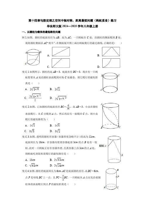 第十四章勾股定理之空间中轴对称最短问题(蚂蚁觅食)练习华东师大版2024—2025学年八年级上册