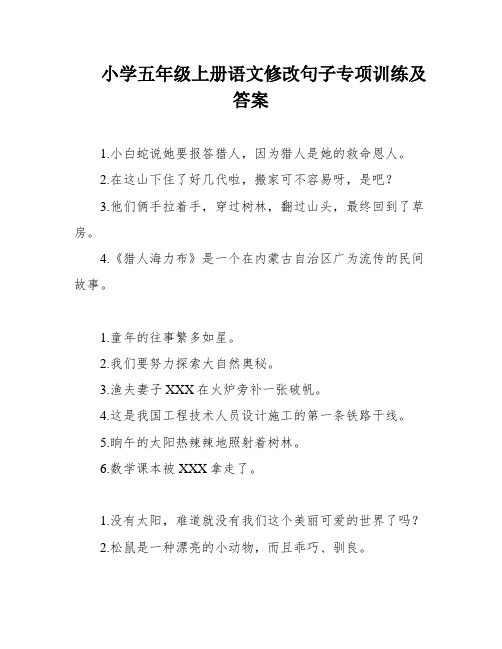 小学五年级上册语文修改句子专项训练及答案