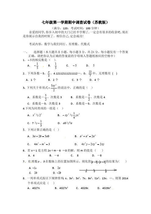 江苏省2024--2025学年七年级上学期苏科版数学期中调查试卷(含答案)