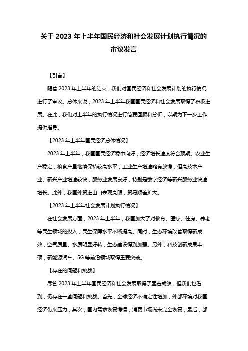 关于2023年上半年国民经济和社会发展计划执行情况的审议发言