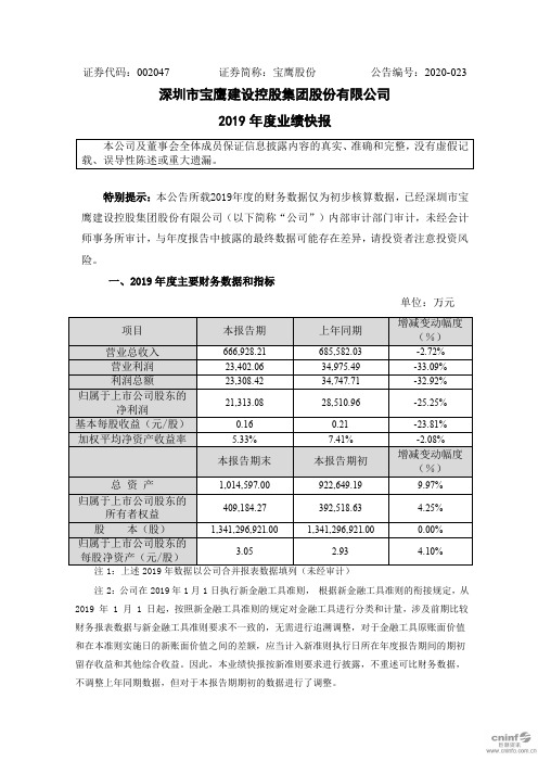 宝鹰股份：2019年度业绩快报