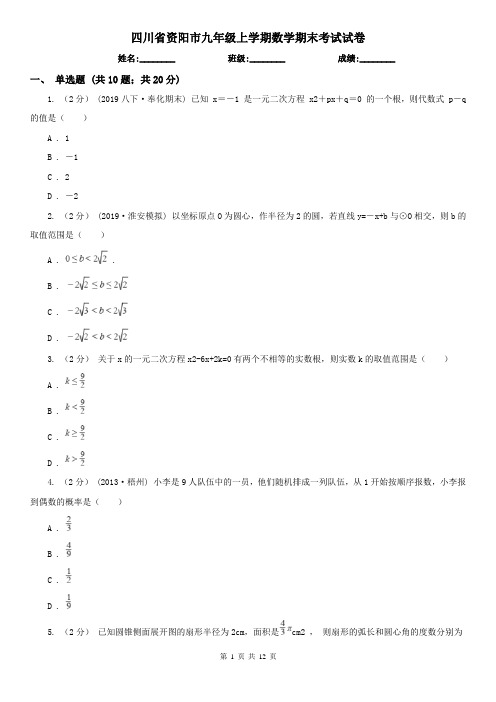 四川省资阳市九年级上学期数学期末考试试卷