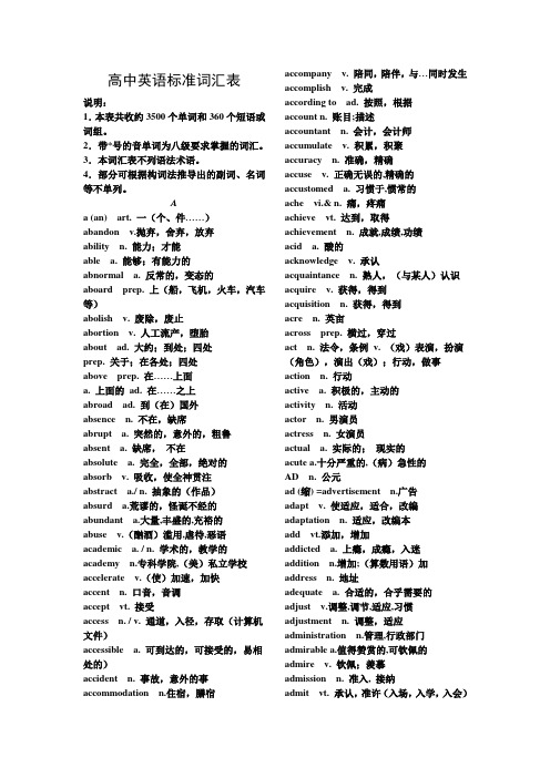 高中英语标准词汇表3600