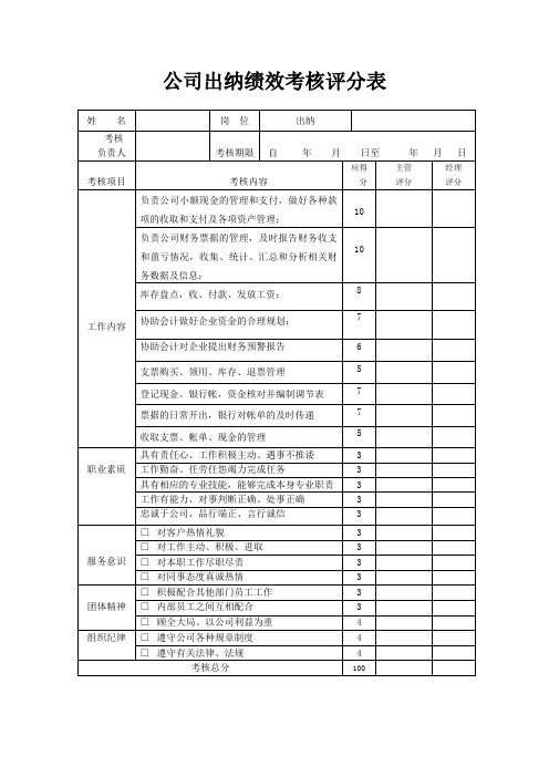 公司出纳绩效考核评分表(标准版)