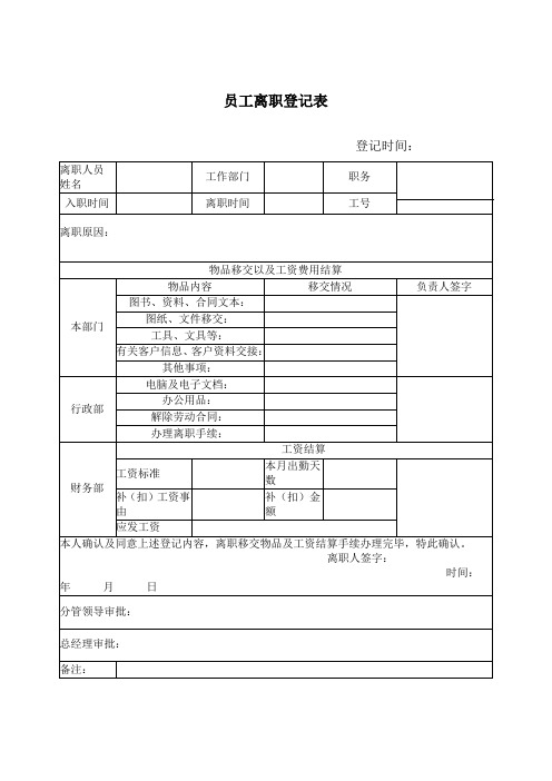 员工离职登记表