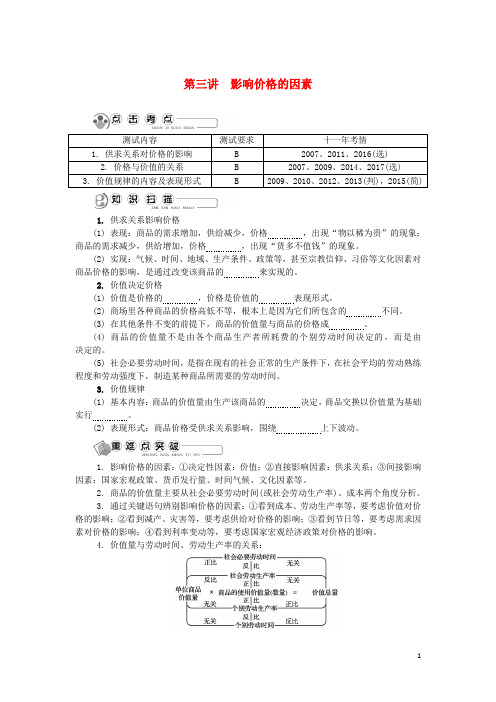 江苏省2018版高中政治学业水平测试复习第三讲影响价格的因素讲解新人教版必修1