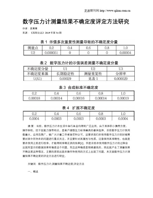 数字压力计测量结果不确定度评定方法研究