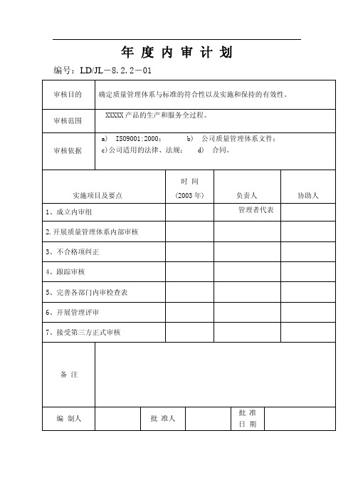 质量管理体系年度内审计划