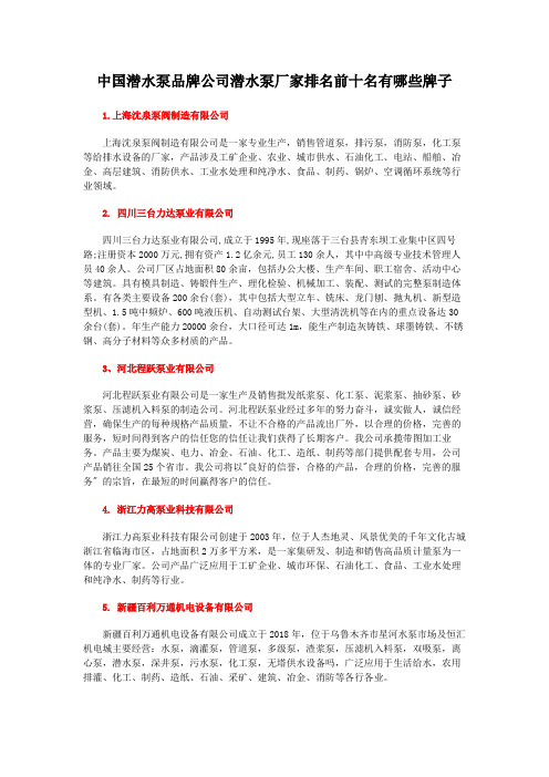 中国潜水泵品牌公司潜水泵厂家排名前十名有哪些牌子