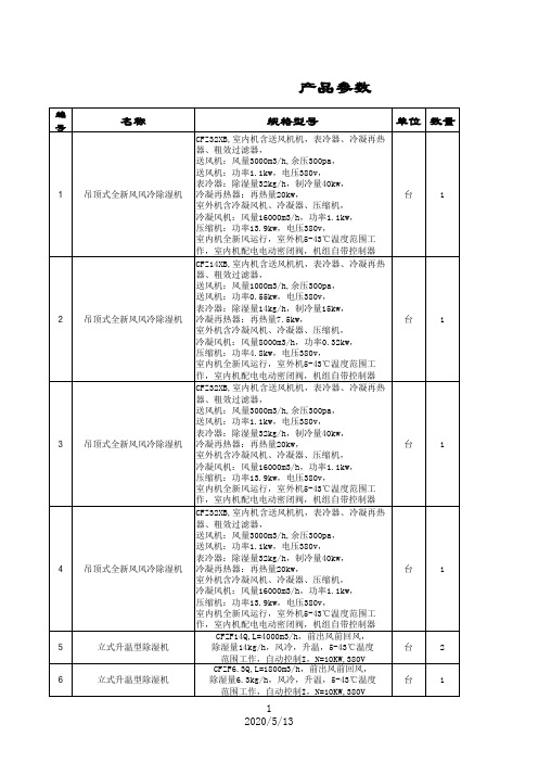 除湿机、空调机参数表