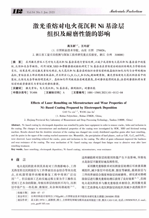 激光重熔对电火花沉积Ni基涂层组织及耐磨性能的影响